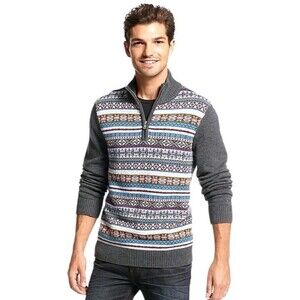 Tommy Hilfiger Fair Isle Cotton Sweater Mens XXL Gray 1/4 Zip Pullover Preppy